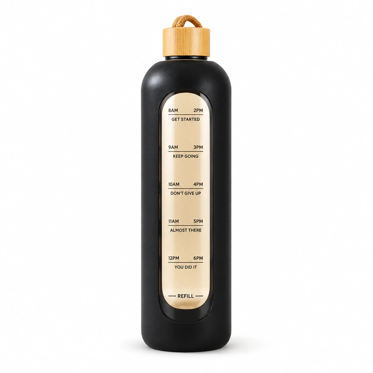Dropfiltershop 32oz glass water bottle in black with bamboo lid, silicone sleeve and printed time markings