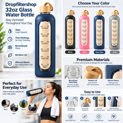 Dropfiltershop 32oz Glass Water Bottle, Bamboo Lid, Silicone Sleeve
