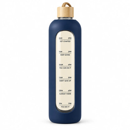Navy blue 32oz glass drinking bottle with silicone sleeve, time markers and bamboo lid