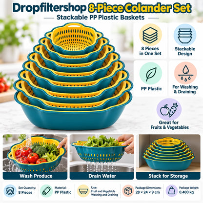 Dropfiltershop 8-piece colander set with stackable PP plastic drain baskets