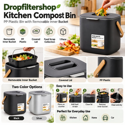 Dropfiltershop kitchen compost bin infographic showing food scrap collection, removable inner bucket, lid and Black and Silver color options