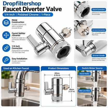 Dropfiltershop Faucet Diverter Valve, 1/4-Inch Chrome, 1-Piece